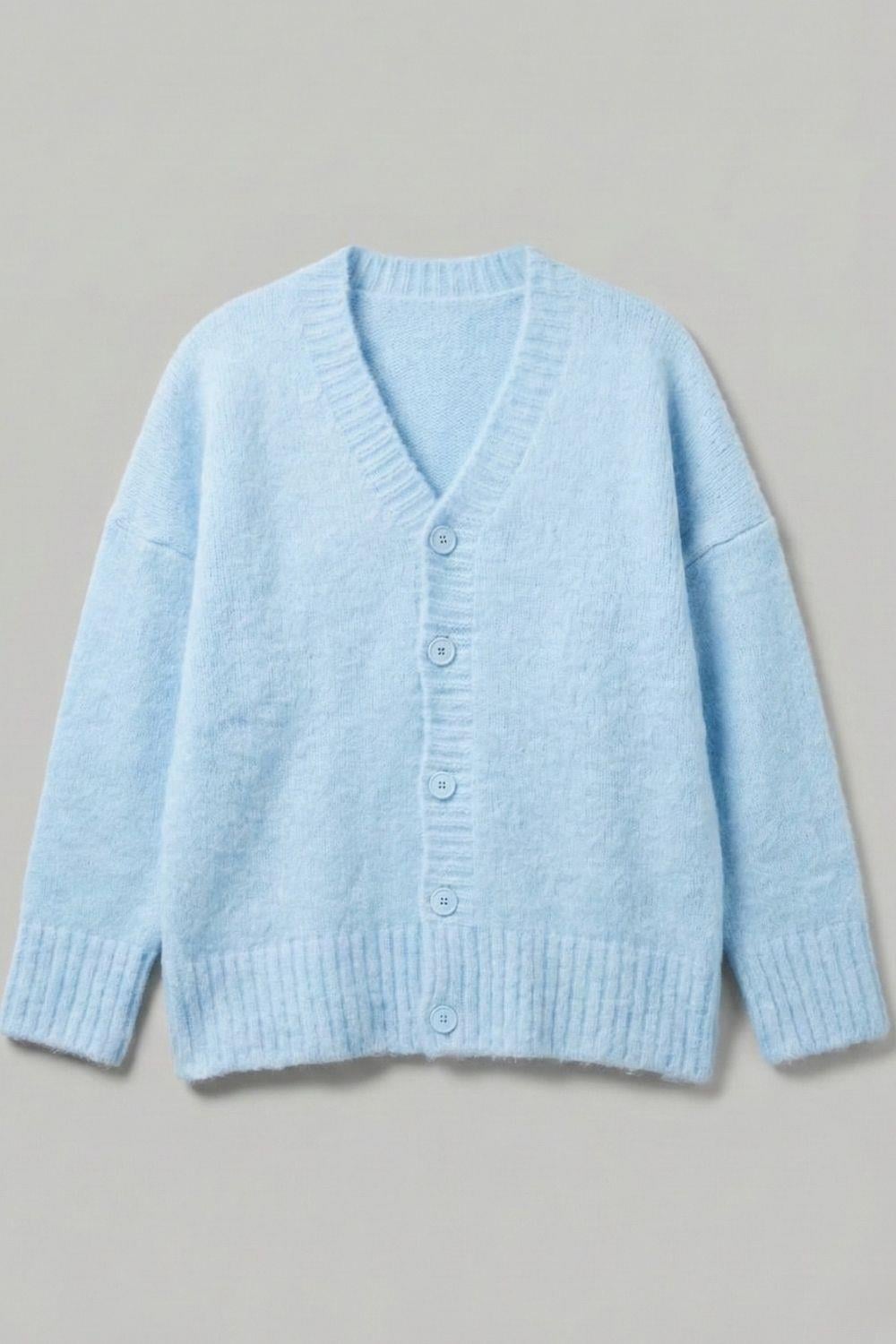 Erkek Bebe Mavisi Oversize Sakallı Düğmeli Hırka