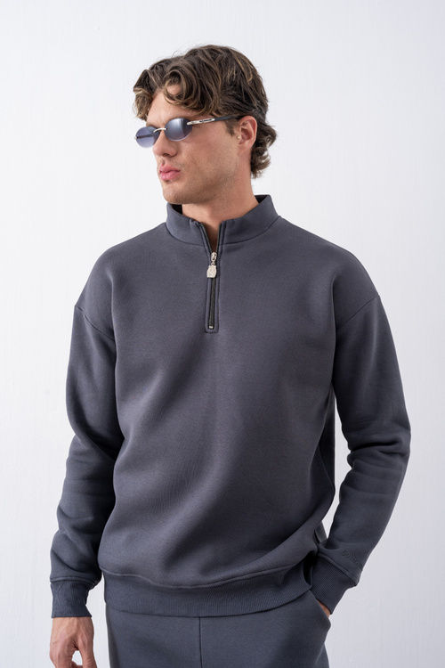 Erkek Antrasit Fermuarlı Oversize Sweatshirt