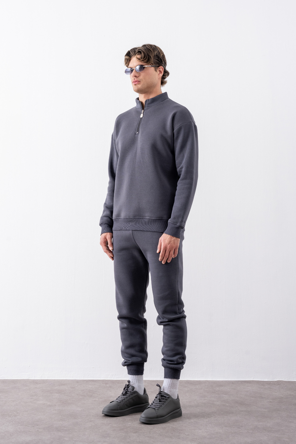 Erkek Antrasit Fermuarlı Oversize Sweatshirt