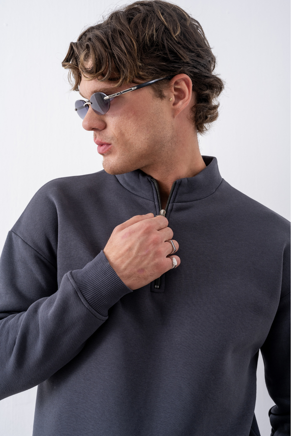 Erkek Antrasit Fermuarlı Oversize Sweatshirt