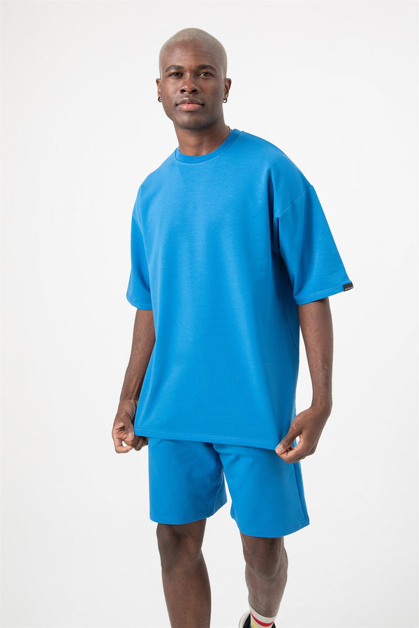 Erkek Base Oversize Saks Mavi T-Shirt