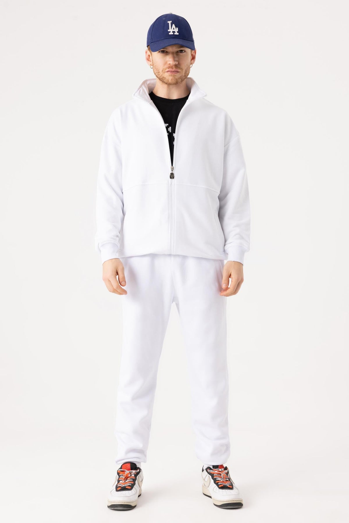Erkek Beyaz Dik Yaka Fermuarlı Oversize Sweatshirt