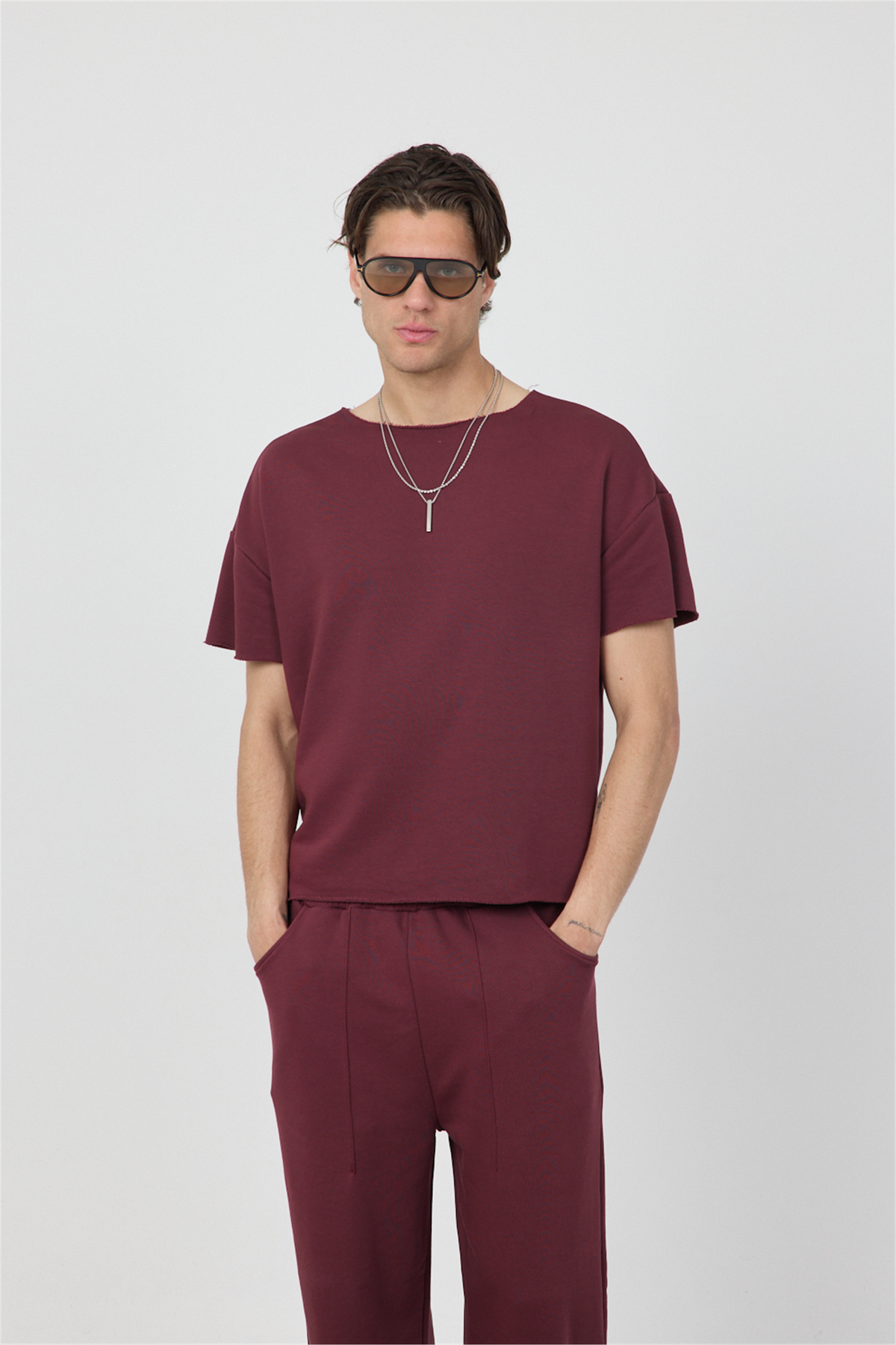 Erkek Blank Boxy Bordo T-Shirt