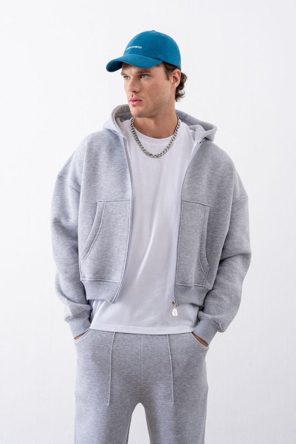 Erkek Boxy Oversize Fermuarlı Chill Gri Sweatshirt