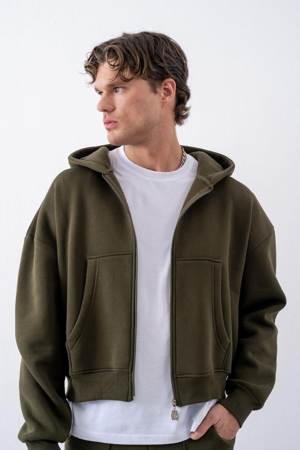 Erkek Boxy Oversize Fermuarlı Chill Haki Sweatshirt