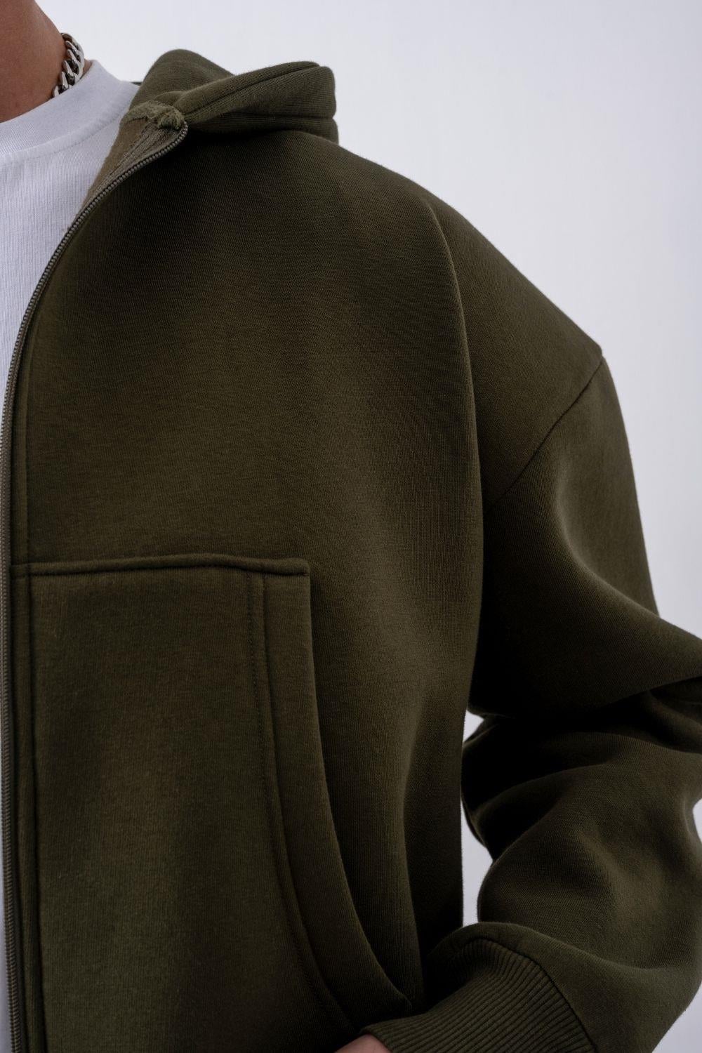 Erkek Boxy Oversize Fermuarlı Chill Haki Sweatshirt