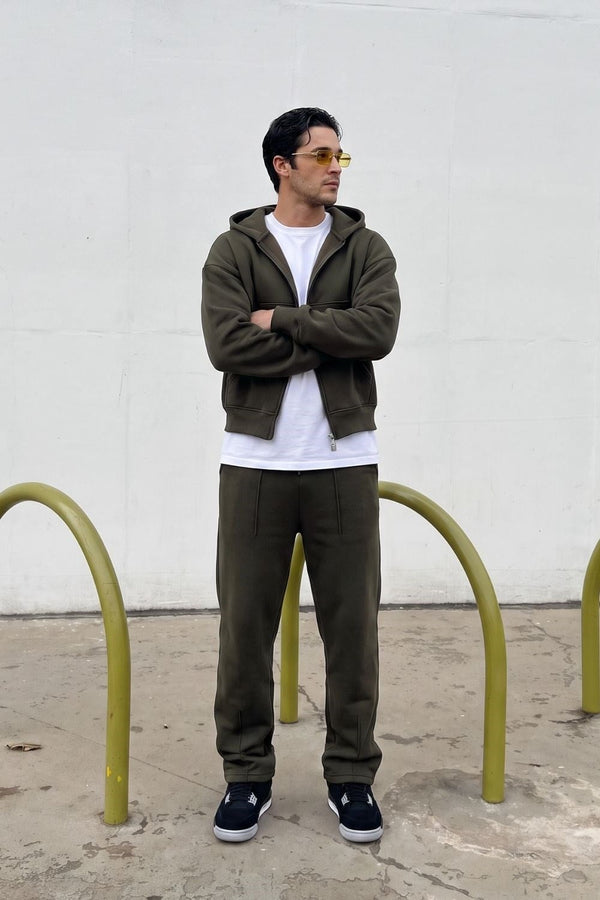 Erkek Boxy Oversize Fermuarlı Chill Haki Sweatshirt