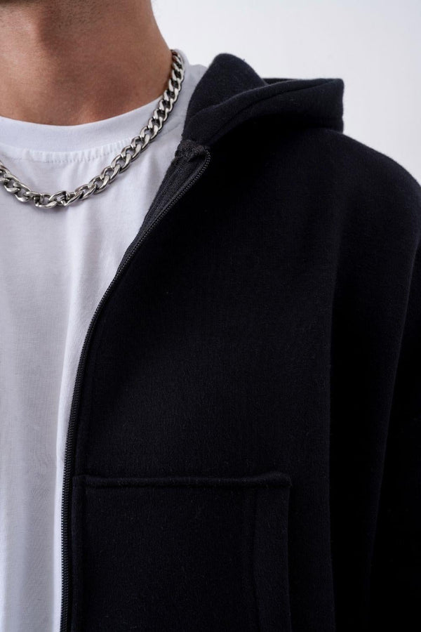 Erkek Boxy Oversize Fermuarlı Chill Siyah Sweatshirt