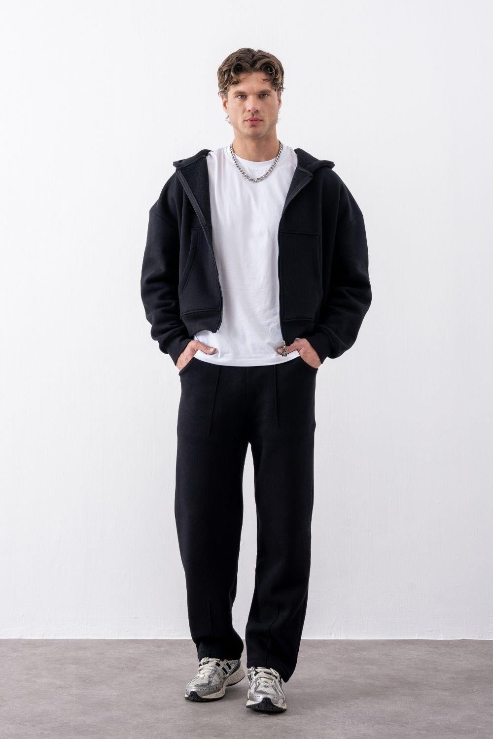 Erkek Boxy Oversize Fermuarlı Chill Siyah Sweatshirt