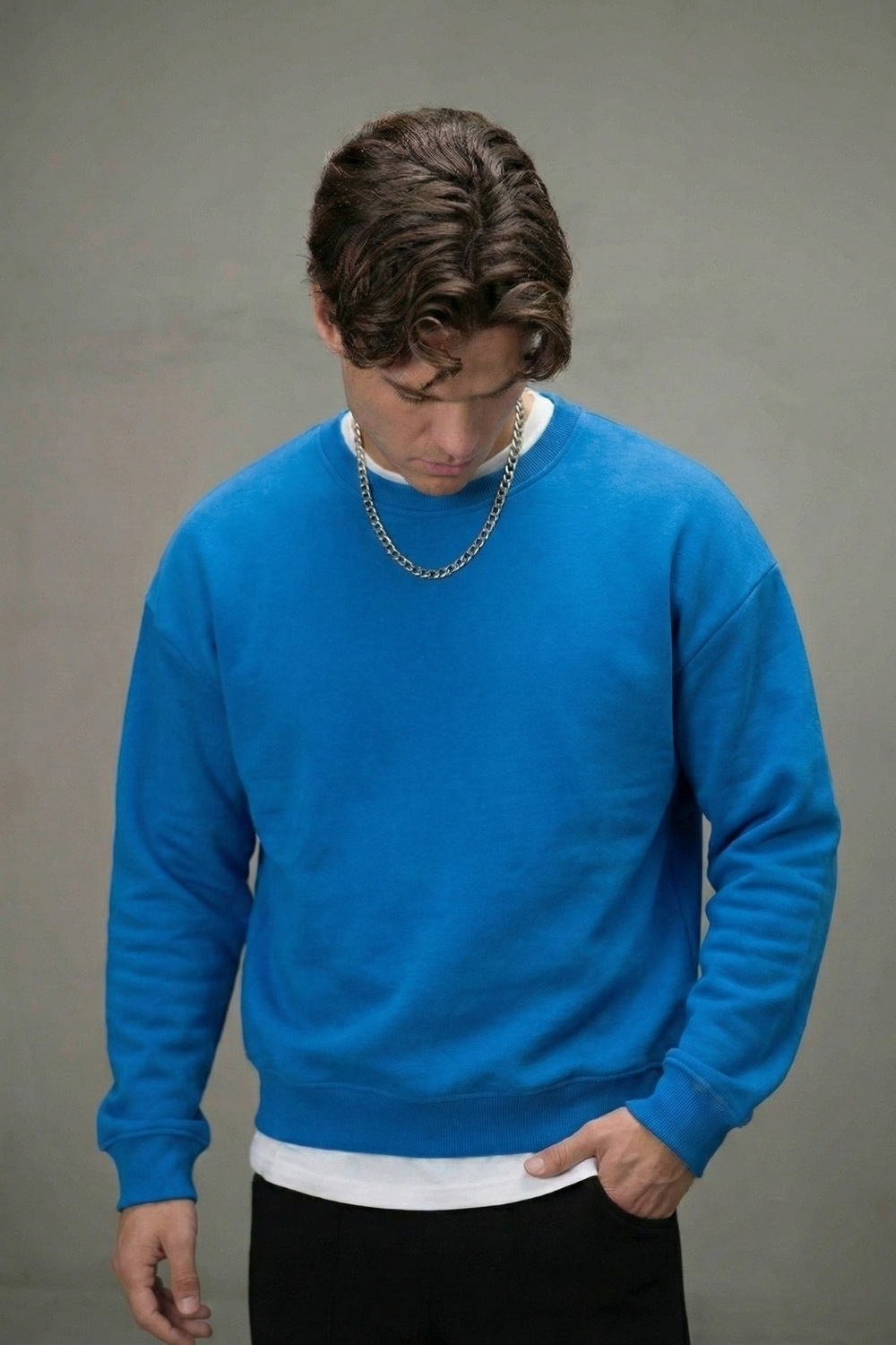 Erkek Boxy Oversize Mavi Sweatshirt