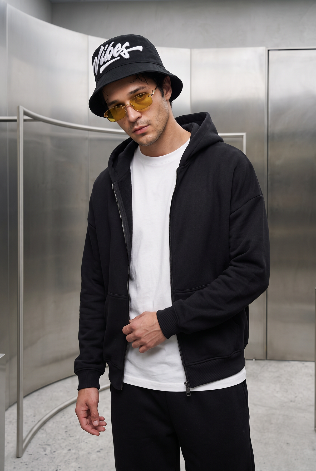 Erkek Chill Oversize Siyah Zip Sweatshirt