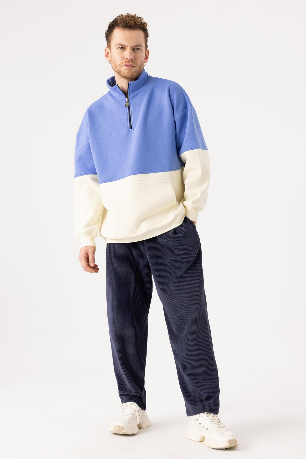 Erkek Fermuarlı Krem-Indigo Sweatshirt