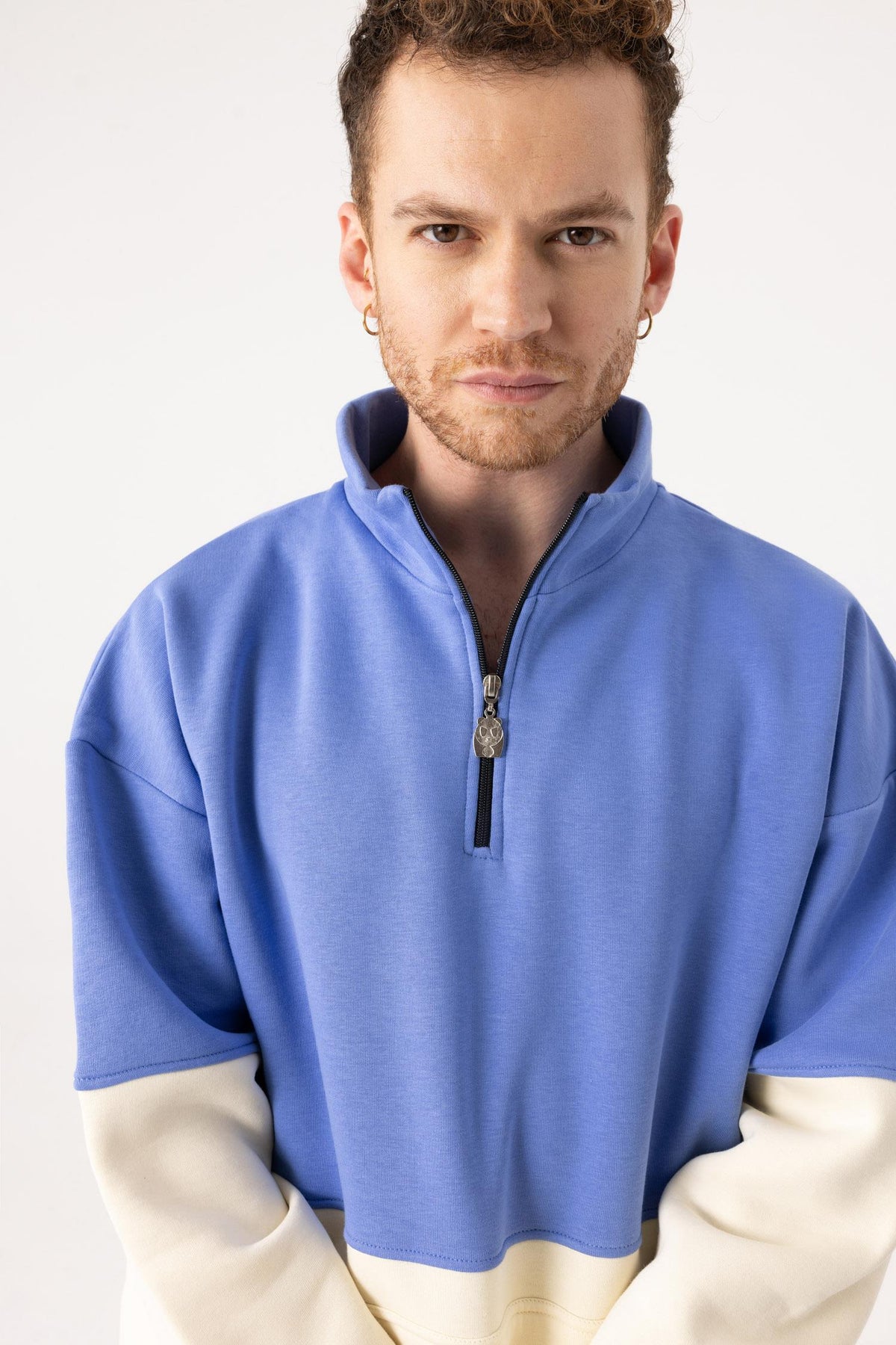 Erkek Fermuarlı Krem-Indigo Sweatshirt