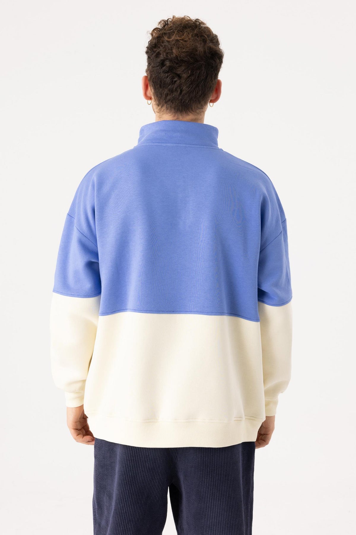 Erkek Fermuarlı Krem-Indigo Sweatshirt