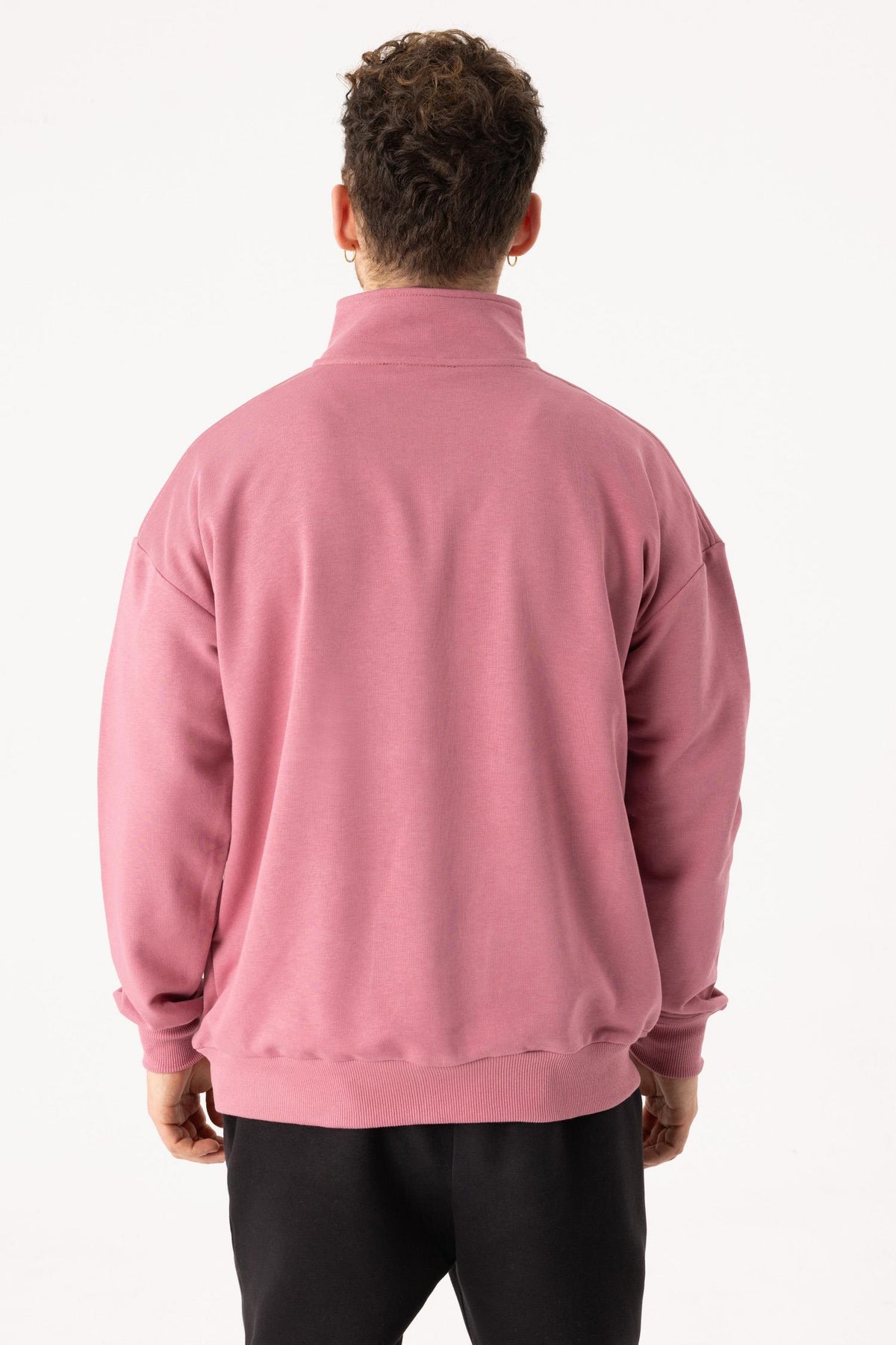 Erkek Gül Kurusu Dik Yaka Fermuarlı Oversize Sweatshirt