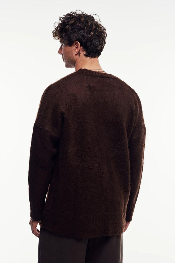 Erkek Kahverengi Oversize Sakallı Düğmeli Hırka
