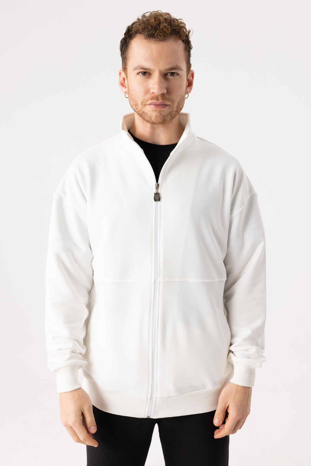 Erkek Krem Dik Yaka Fermuarlı Oversize Sweatshirt
