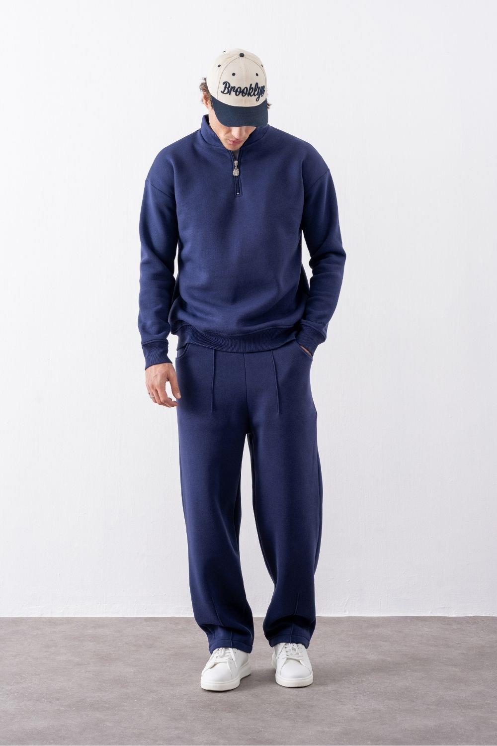 Erkek Lacivert Fermuarlı Oversize Sweatshirt