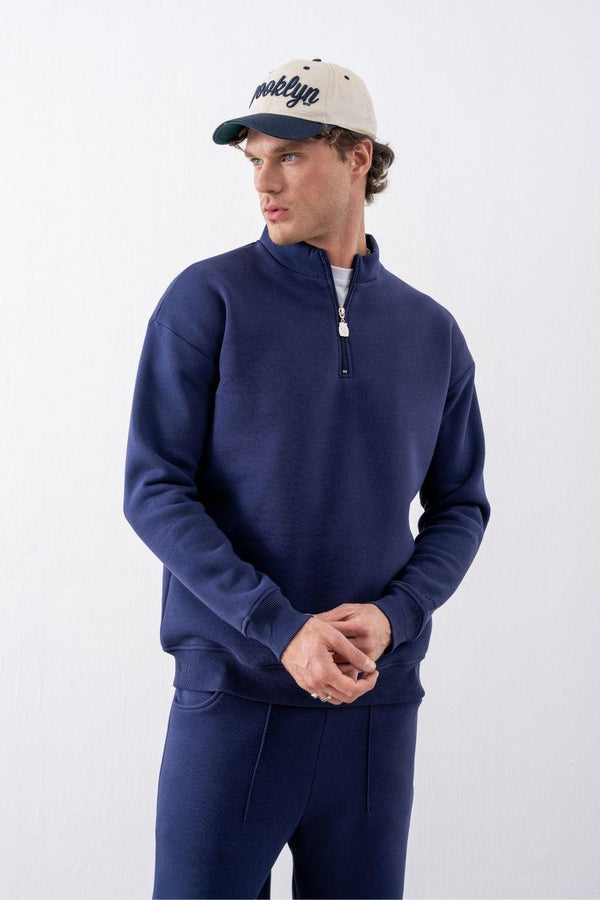 Erkek Lacivert Fermuarlı Oversize Sweatshirt