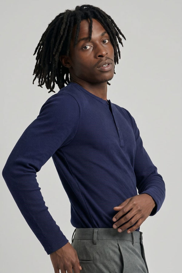 Erkek Lacivert Henley  T-Shirt