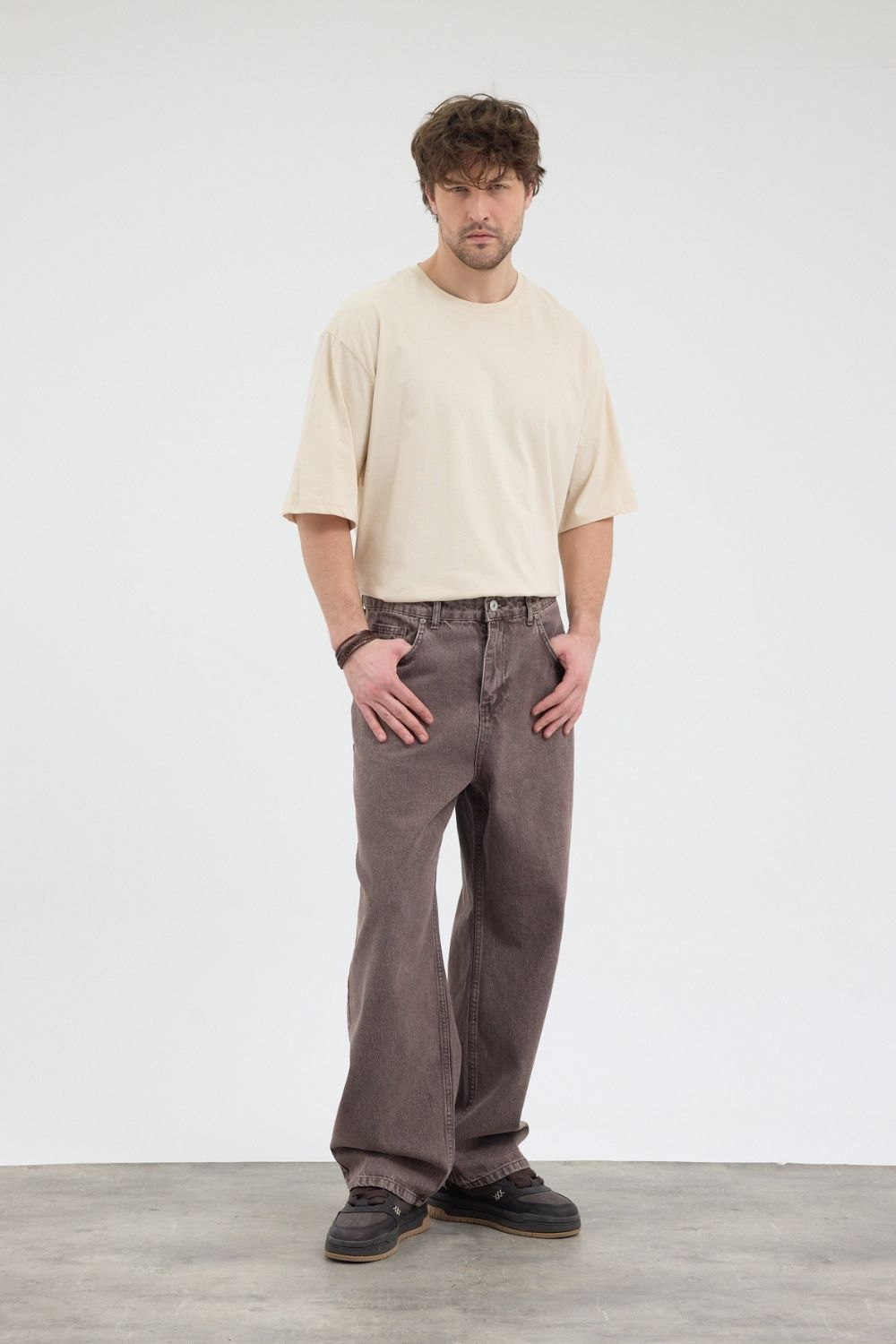 Erkek Loose Fit Kahverengi Kot Pantolon