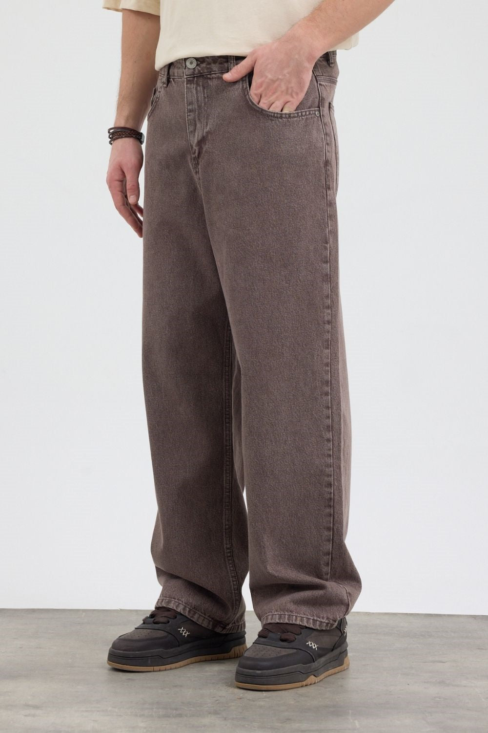 Erkek Loose Fit Kahverengi Kot Pantolon