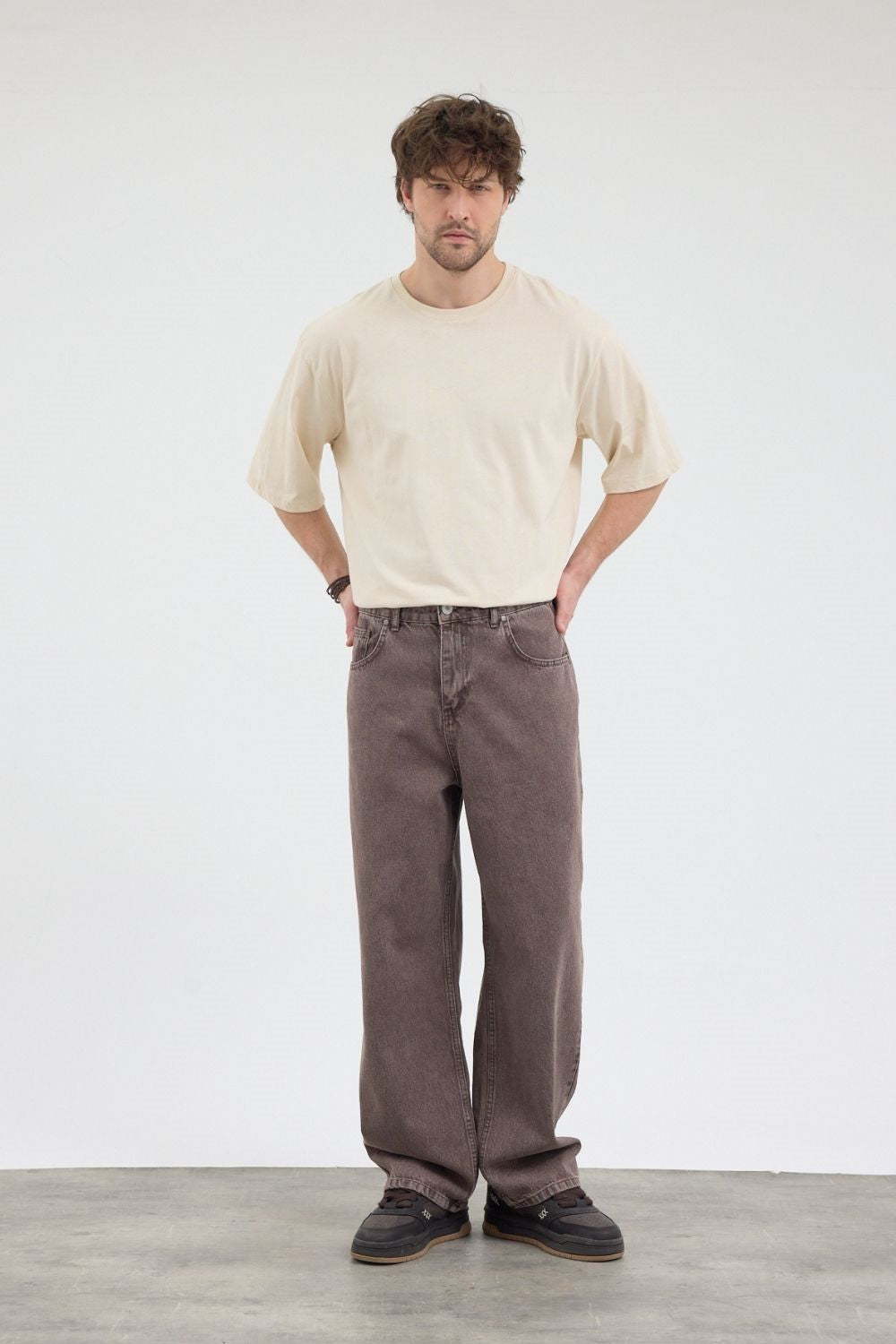 Erkek Loose Fit Kahverengi Kot Pantolon
