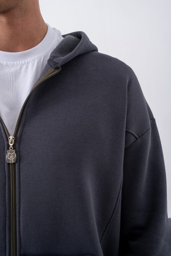 Erkek Oversize Fermuarlı Kapüşonlu Antrasit Sweatshirt