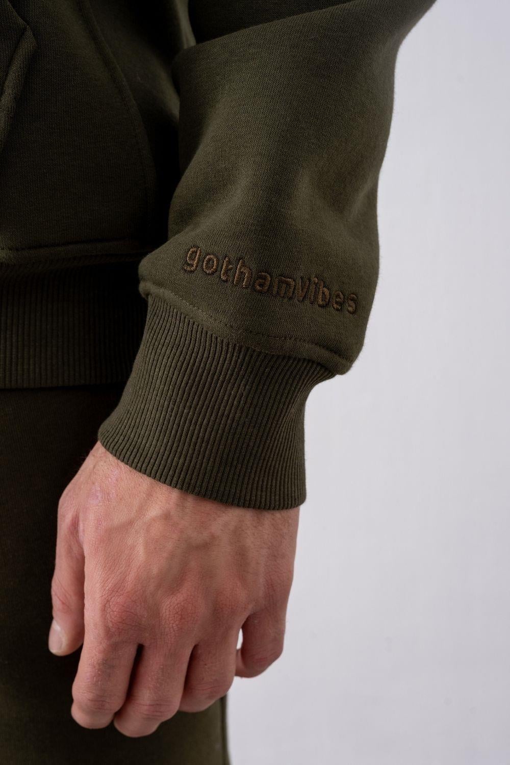 Erkek Oversize Fermuarlı Kapüşonlu Haki Sweatshirt