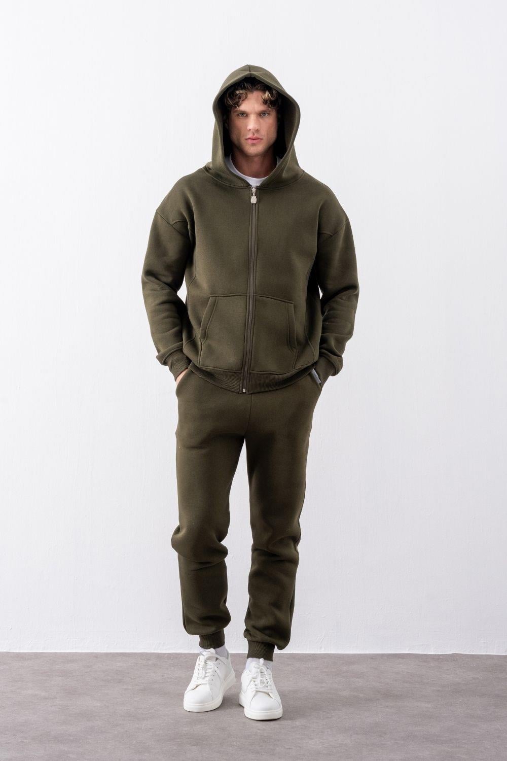 Erkek Oversize Fermuarlı Kapüşonlu Haki Sweatshirt
