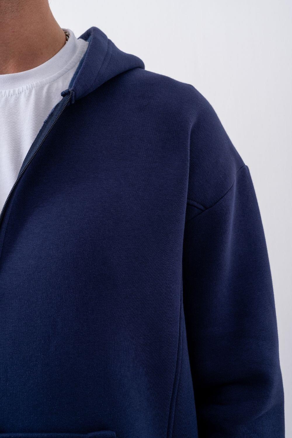 Erkek Oversize Fermuarlı Kapüşonlu Lacivert Sweatshirt