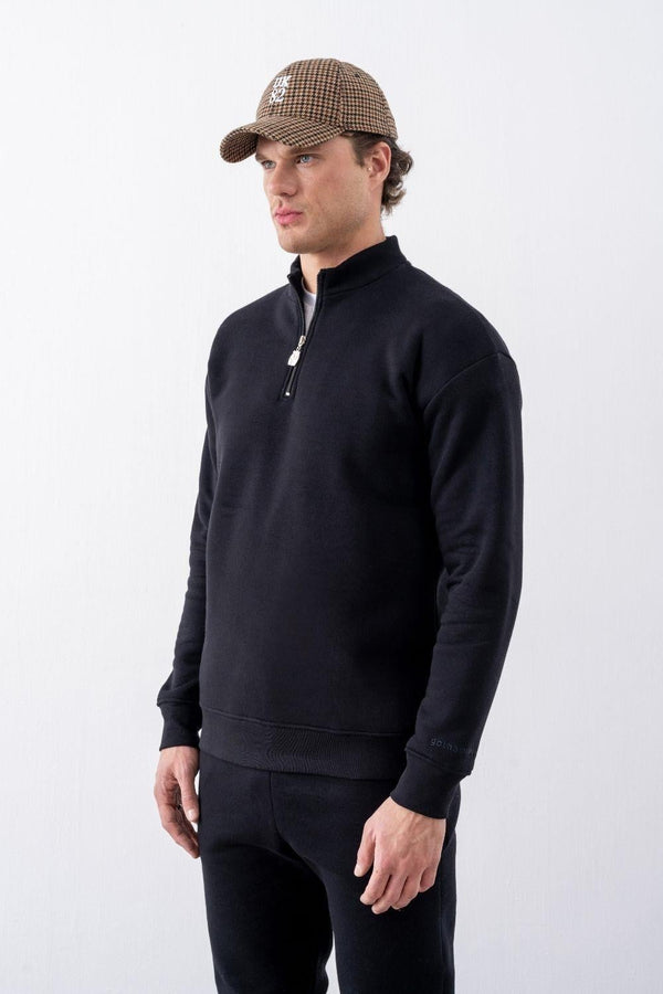 Erkek Siyah Fermuarlı Oversize Sweatshirt