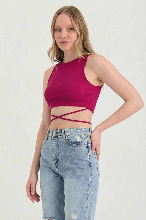 Kadın Belden Bağlamalı Fuşya Crop