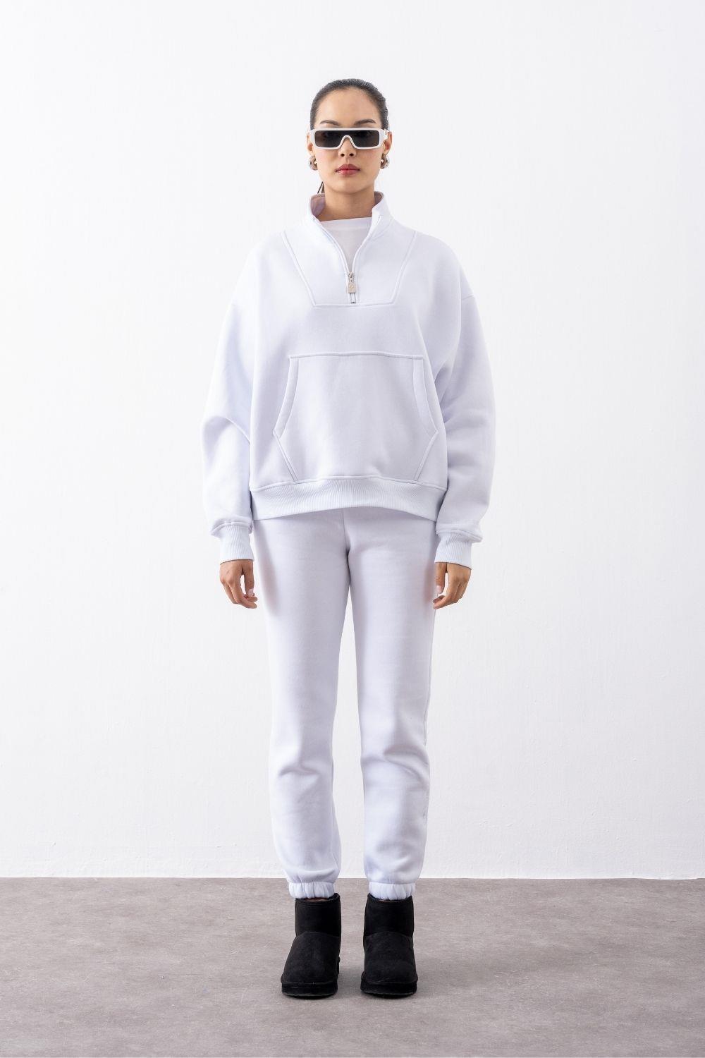Kadın Beyaz Fermuarlı Oversize Sweatshirt