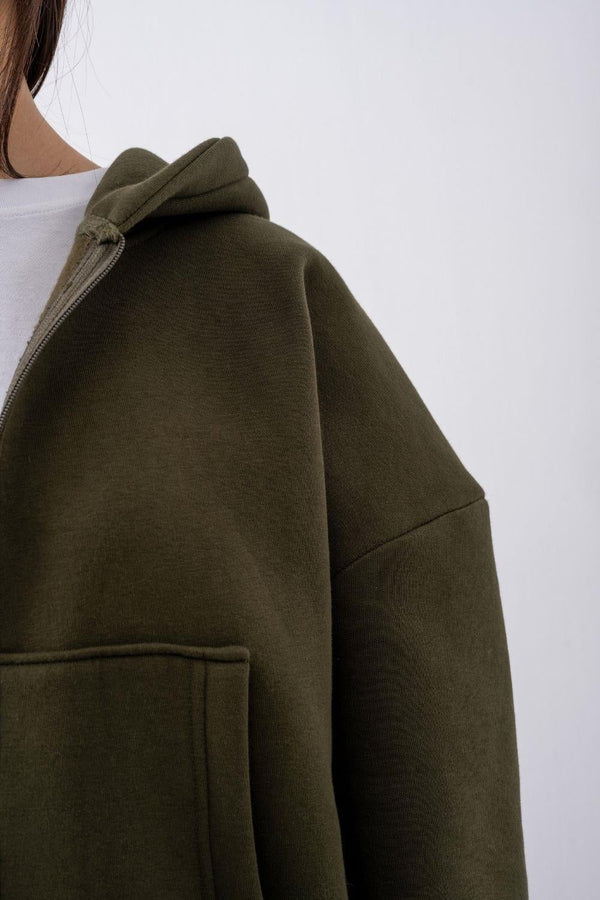 Kadın Chill Oversize Haki Fermuarlı Sweatshirt