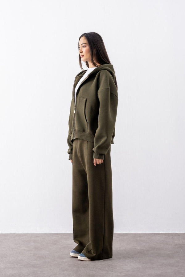 Kadın Chill Oversize Haki Fermuarlı Sweatshirt