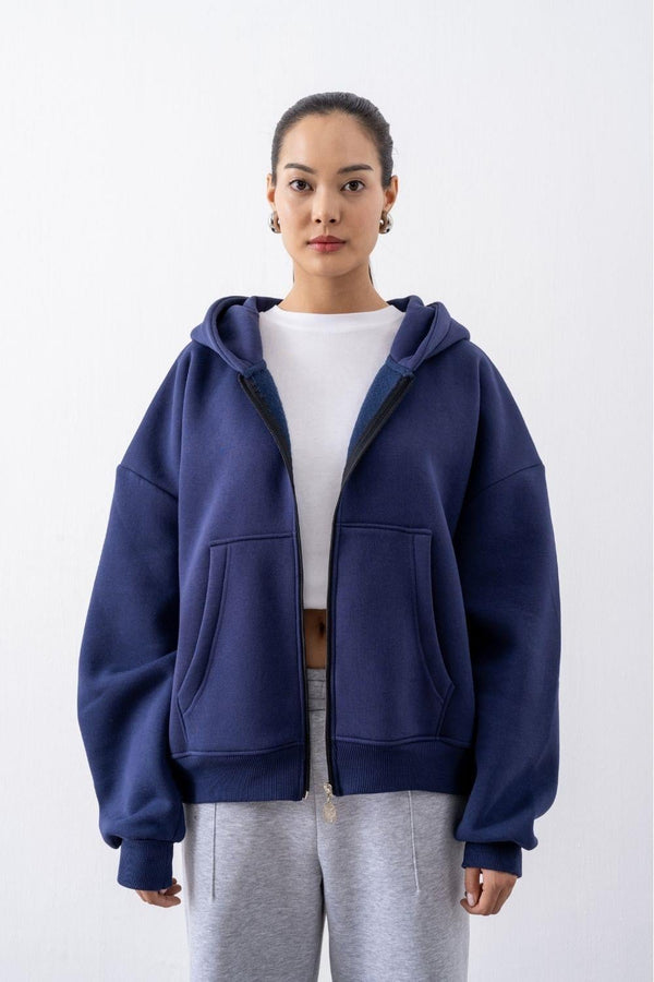 Kadın Chill Oversize Lacivert Fermuarlı Sweatshirt