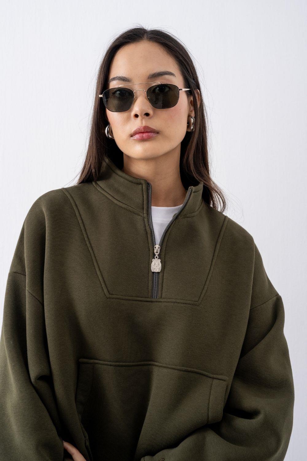 Kadın Haki Fermuarlı Oversize Sweatshirt