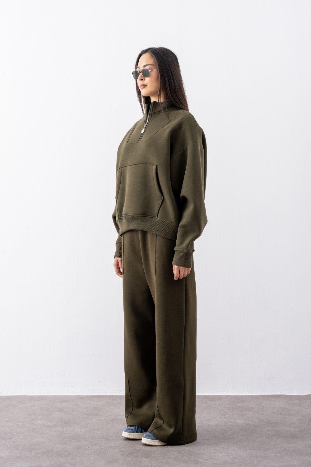 Kadın Haki Fermuarlı Oversize Sweatshirt