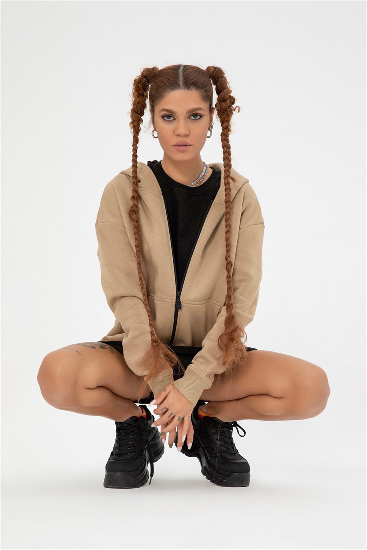 Kadın Oversize Fermuarlı Kapüşonlu Bej Sweatshirt