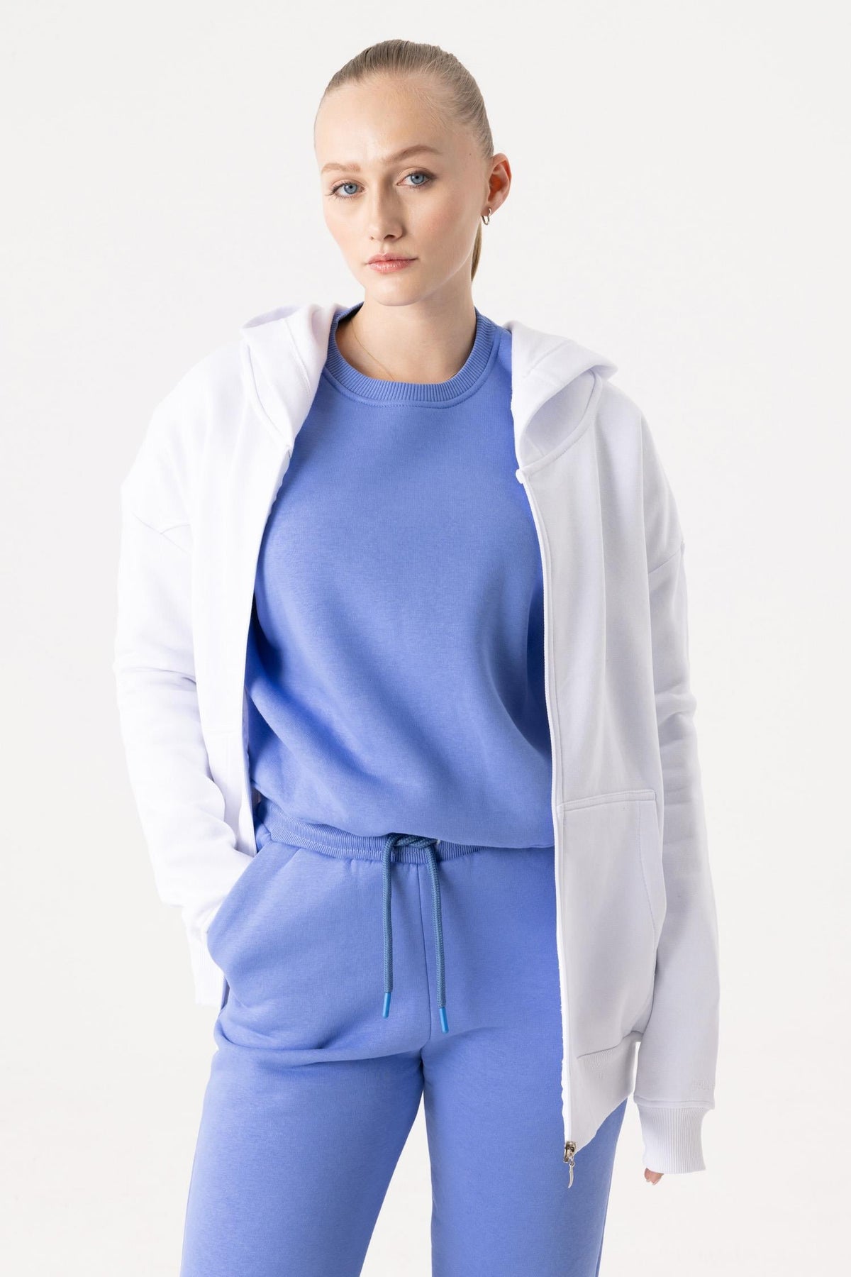 Kadın Oversize Fermuarlı Kapüşonlu Beyaz Sweatshirt