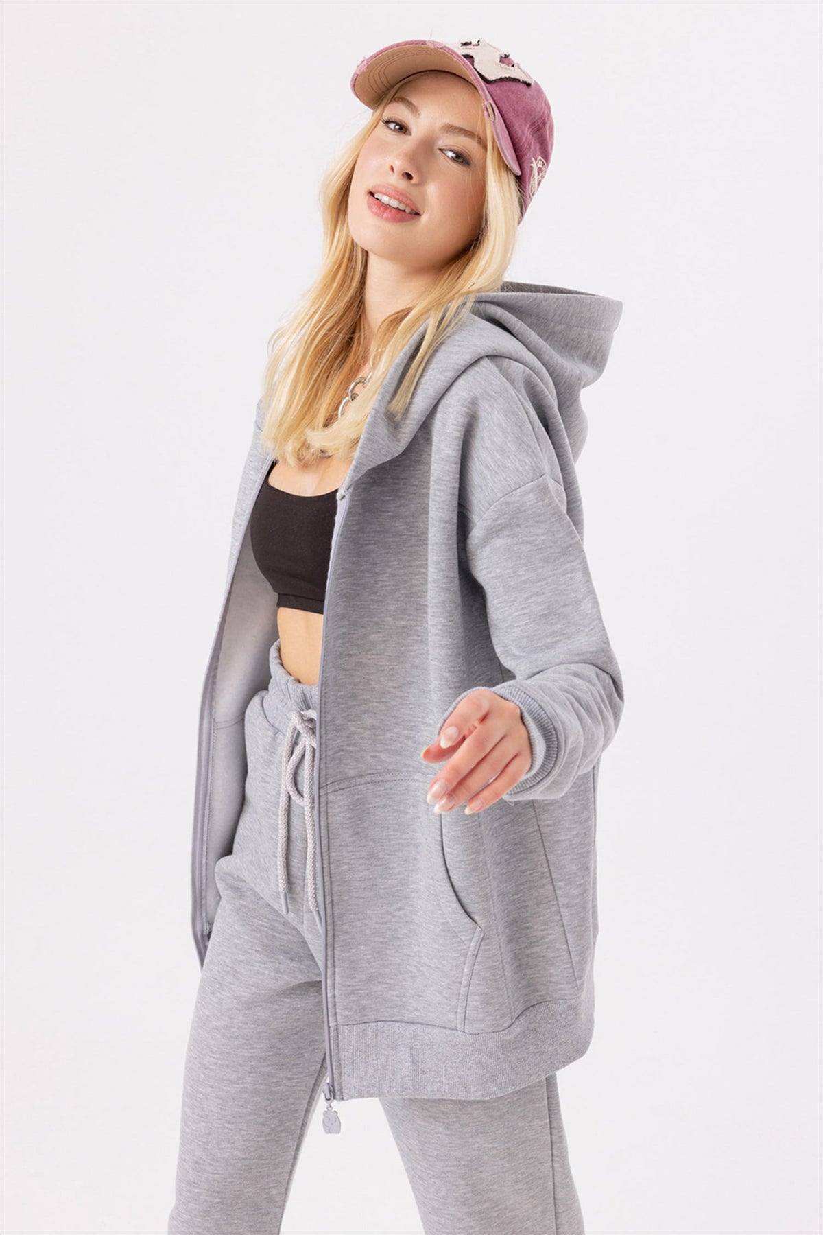 Kadın Oversize Fermuarlı Kapüşonlu Gri Sweatshirt