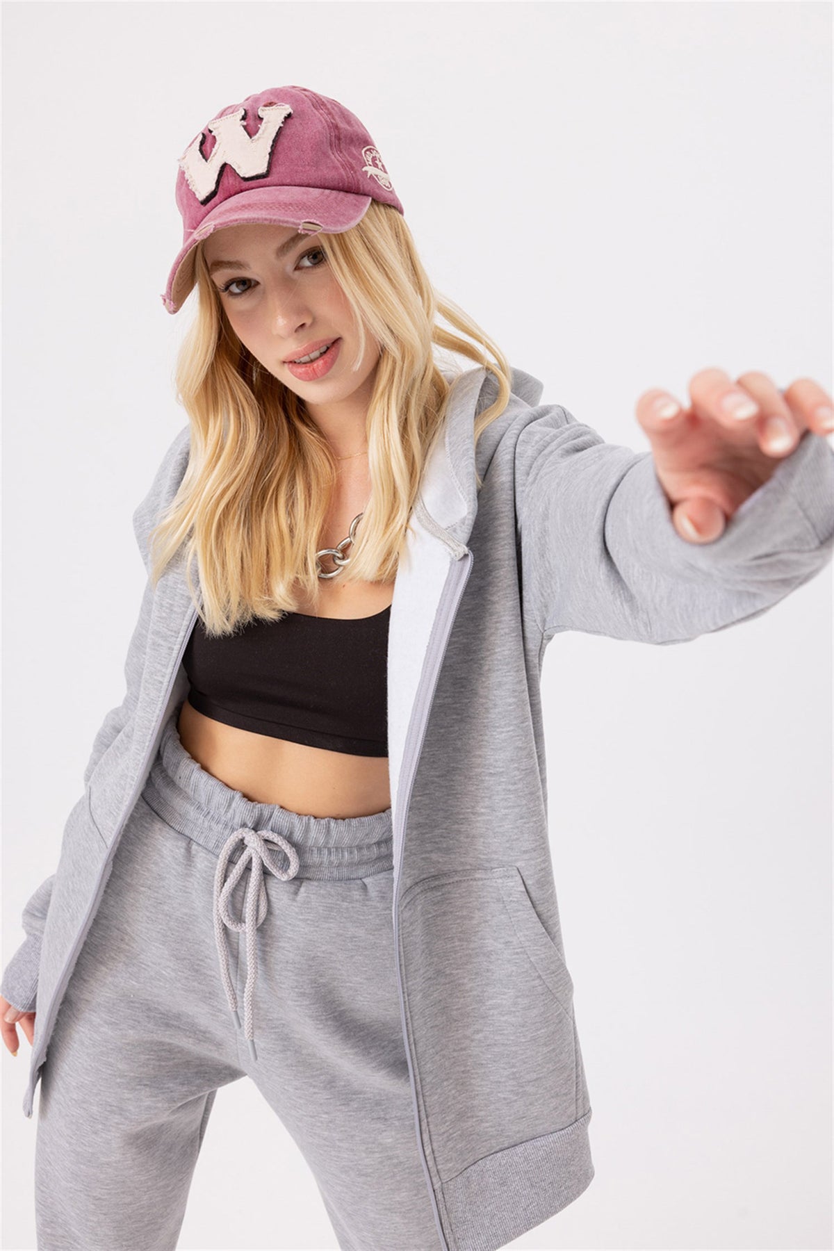 Kadın Oversize Fermuarlı Kapüşonlu Gri Sweatshirt