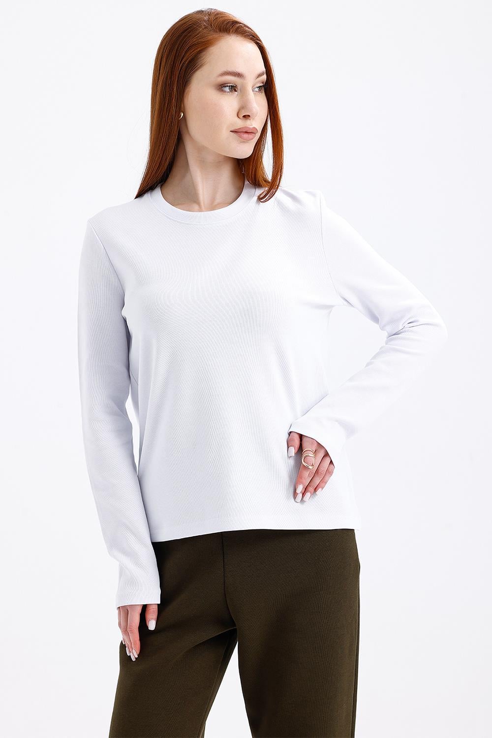 Kadın Uzun Kollu Basic Beyaz T-Shirt