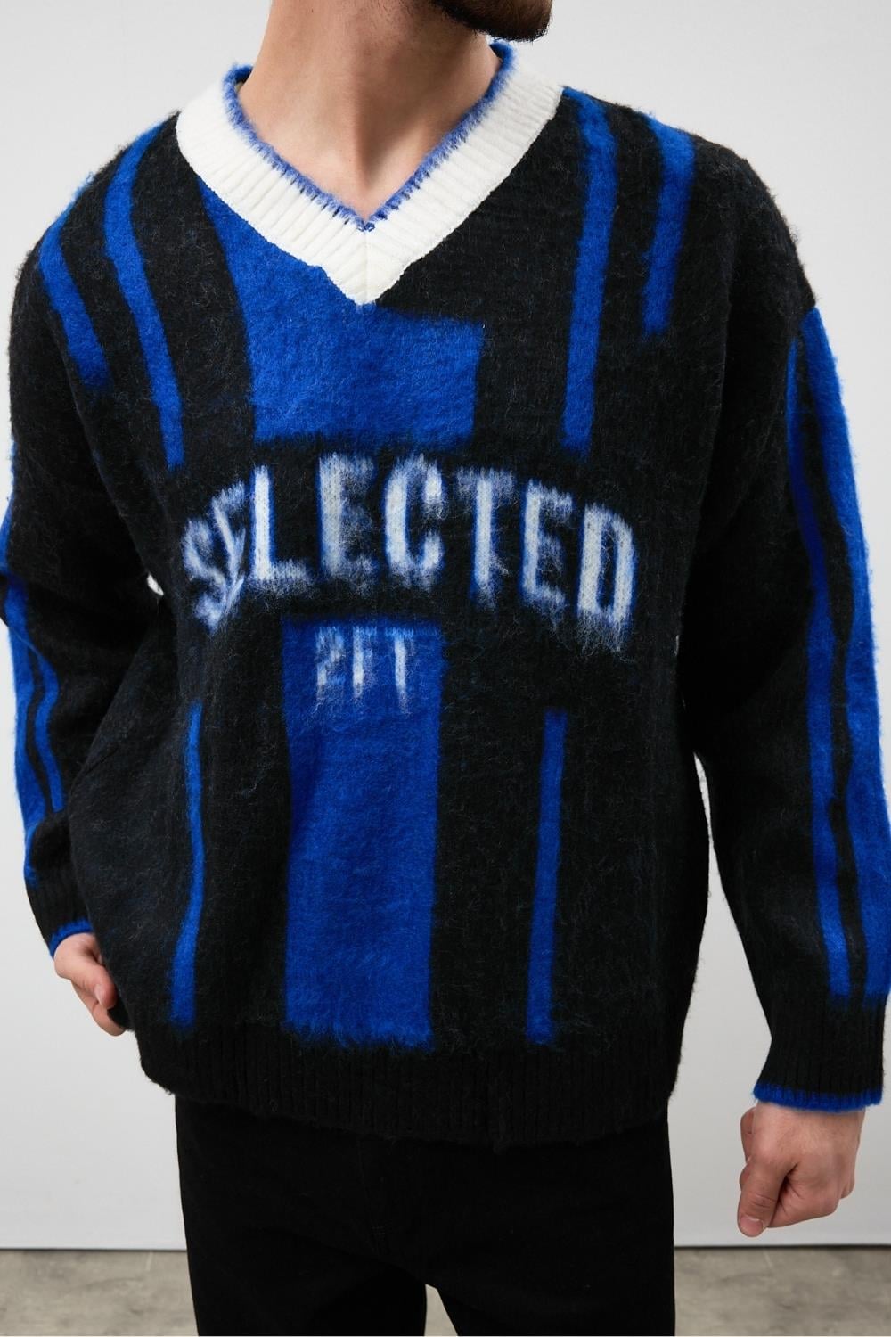 Erkek Selected Oversize Sakallı Çizgili Kazak