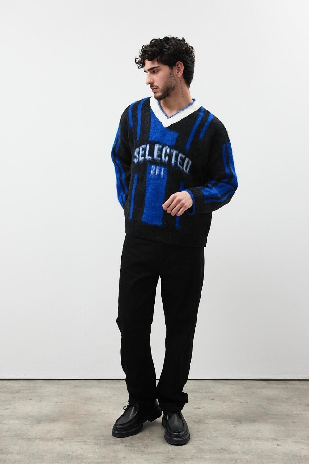 Erkek Selected Oversize Sakallı Çizgili Kazak