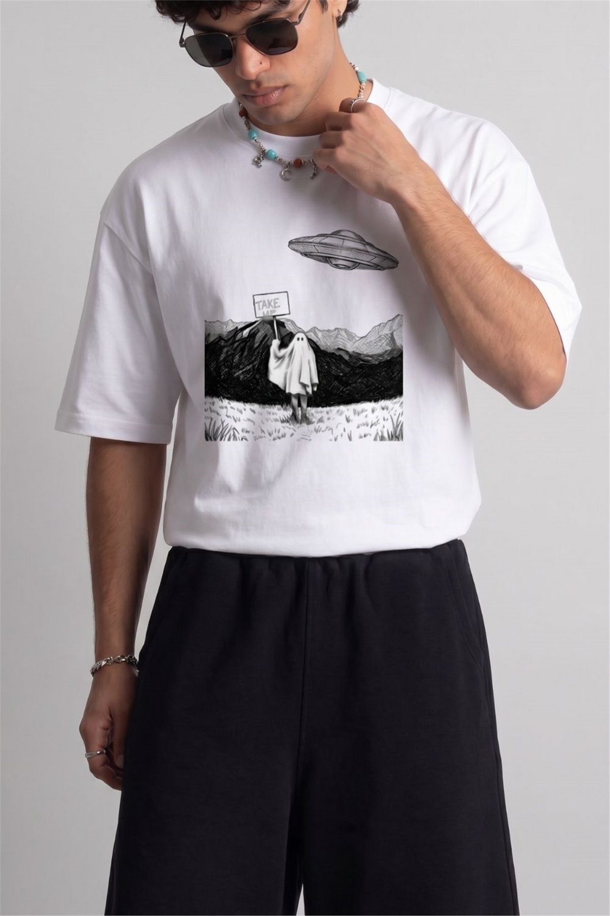 Erkek Take Me Oversize Beyaz T-Shirt